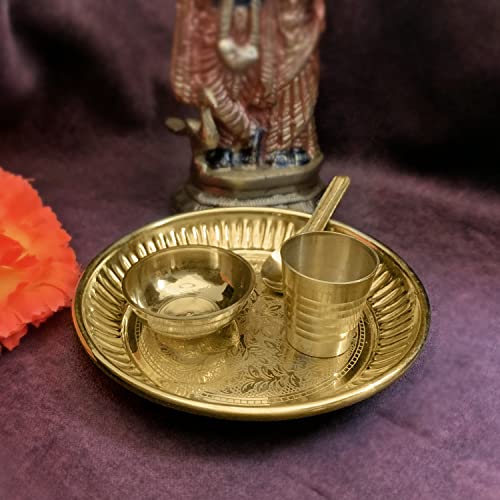 Satvik Brass 4 Pc Bhog Thali Set for Laddu Gopal with Glass, Bowl and Pooja Spoon for Home and Temple Kanha Ji Bhog Plate Set (Small) - size: Small