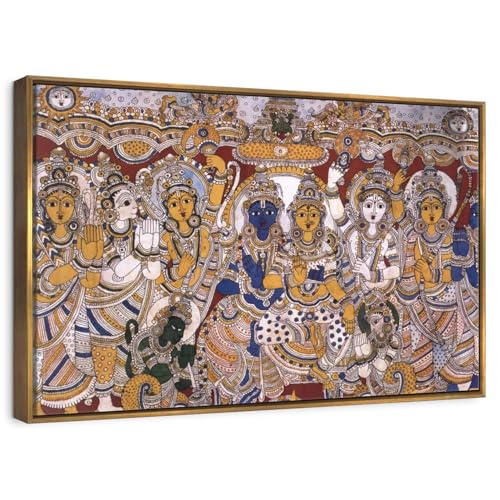 ElephantStock - Hindu Myth Rama And Sita Wall Art - Horizontal Floating Framed Canvas - Living Room Wall Decor - Painting Religion And Spirituality Art - Gray And Purple Decor - 31" x 21" - color: Floating Frame Gold, size: 30"L x 20"W