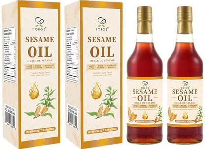 Soeos Sesame Oil, Toasted Sesame Seed Oil, 16.9 Fl Oz (500 ml) Pack of 2, Nutty Flavor, Perfect for Asian Food, Noodles, Soup, Baking, and Stir-Fry, Total 1000 ml - size: 16.9 Fl Oz (Pack of 2)