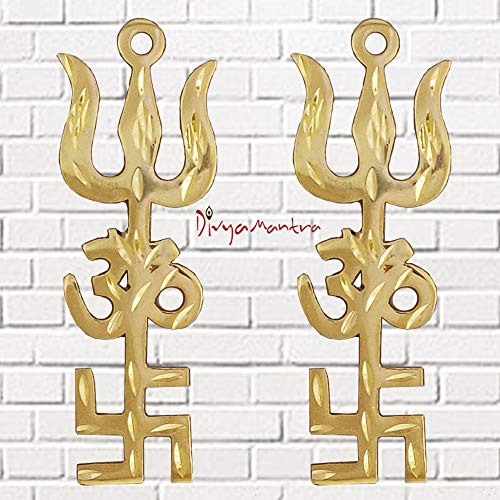 Divya Mantra Trishakti Yantra Trishul Om Swastika Decorative Spiritual Vastu Items Brass Indian Hindu Religious Wall Home Decor Kitchen Pooja Mandir Temple Hanging Good Luck Showpiece Set of 2 - Gold