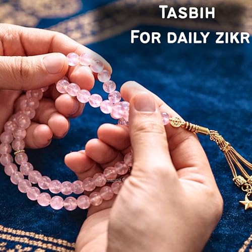 Amazing Gemstone Crystal Tasbeeh with Moon and Star Charm - Certified Crystal Muslim Prayer Beads Natural Gemstone Tasbih Gift for Ramadan Dhikr and Daily Namaz (G) - color: Rose Quartz