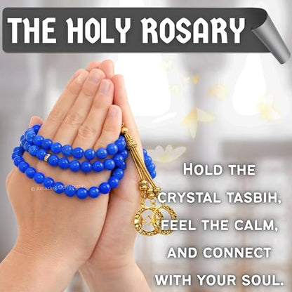 Amazing Gemstone Crystal Tasbeeh with Moon and Star Charm - Certified Crystal Muslim Prayer Beads Natural Gemstone Tasbih Gift for Ramadan Dhikr and Daily Namaz (G) - color: Blue Jade