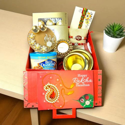 LOVENSPIRE Brocade Gift Box Raksha Bandhan Hamper for Brother and Bhabhi - Includes 2 Traditional Handmade Rakhi, Chocolates Pack, Candle & Haldi Kumkum Holder, Greeting Card with Roli Chawal - color: Premium Hamper