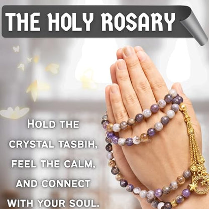 Amazing Gemstone Crystal Tasbeeh with Moon and Star Charm - Certified Crystal Muslim Prayer Beads Natural Gemstone Tasbih Gift for Ramadan Dhikr and Daily Namaz (G) - color: Botswana Agate