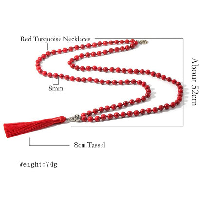 108 Mala Prayer Beads Necklace Natural Stones Meditation Yoga Jewery 108 Hand Knotted Japa Mala Beaded Long Tassel Necklace with Tree of Life Pendant for Men and Women - color: 8mm red turquoise