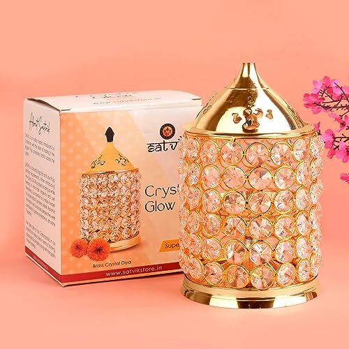 Satvik 8 Inch Crystal Glow Akhand Diya Diwali Gift/Diwali Deepawali Decoration Brass Decorative Crystal Oil Lamp Tea Light Holder Lantern Oval Shape | Puja Lamp Indian Housewarming Gift Item - size: Super Large