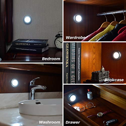 STAR-SPANGLED 5 Pack 2.8” Push Tap Lights, Stick on Touch Puck Lights AAA Battery Operated, LED Sticky Button Lights for Classroom, Kitchen, Under Cabinet, Closet (Sliver, Cool White) - color: Silver - White