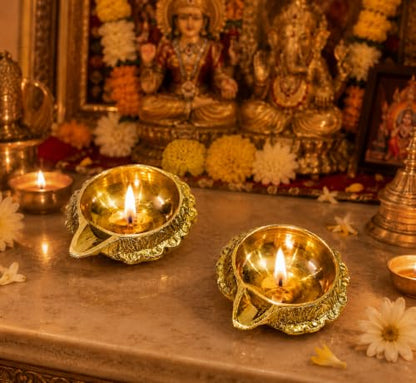 athizay Brass Diyas Pack of 2 for Pooja Virgin Brass Indian Diya Set Oil lamp Sets for Gifting Home Decor Vilakku (Kuber Diya Set 2)