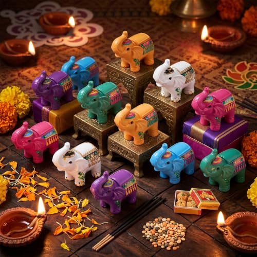 12 Pcs Indian Return Gift Bulk for Pooja, Colorful Elephant Statue - color: Colorful