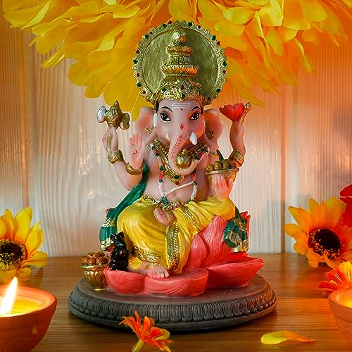 alikiki Hindu God Ganesha Idol Statue - 6.8" Hindu Murti Lord Ganesh Ganpati for Home Office Altar Mandir Temple Pooja Item Meditation Yoga Room Spiritual Decor Diwali Puja Gifts