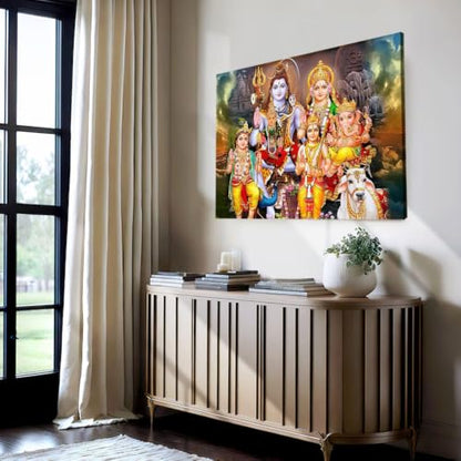 Shiva Family Canvas Wall Art Hindu Deity Poster (Framed,28x40 inch) - size: 28x40 inch