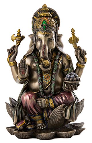 Top Collection Ganesh Statue Sitting on Lotus Pedestal - Lord of Success Sculpture in Premium Cold Cast Bronze with Colored Accents - 7.25-Inch Collectible Hindu God Ganesha Figurine