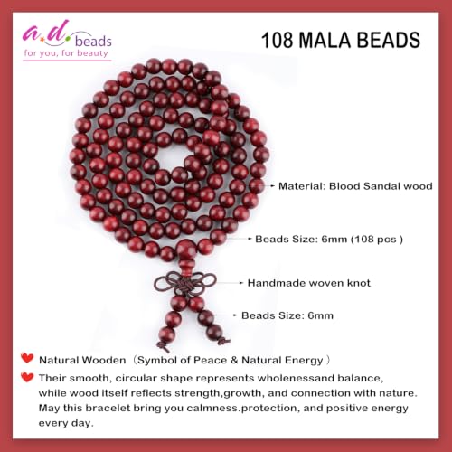 AD Beads 6mm 8mm 108 Prayer Mala Jasper Elastic Bracelet - Handmade Yoga Meditation Healing Power Energy Gifts for Unisex Adult. - color: Blood Sandal wood(True Self)