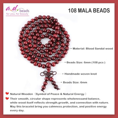 AD Beads 6mm 8mm 108 Prayer Mala Jasper Elastic Bracelet - Handmade Yoga Meditation Healing Power Energy Gifts for Unisex Adult. - color: Blood Sandal wood(True Self)