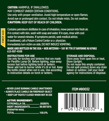 Ner Mitzvah Citronella Scented Lamp Oil, 32 Ounce Smokeless and Odorless Insect and Mosquito Repellent Paraffin Lamp Oil for Indoor and Outdoor Lanterns, Torches and Oil Candle - size: 32 Ounces