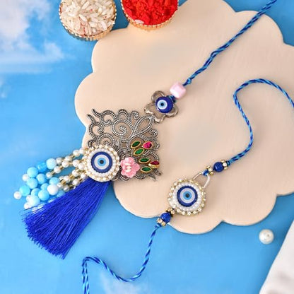 Premium Designer Bhaiya Bhabhi Rakhi Set with Lumba, Greeting Card, Roli Chawal & Fridge Magnet - color: Design-4