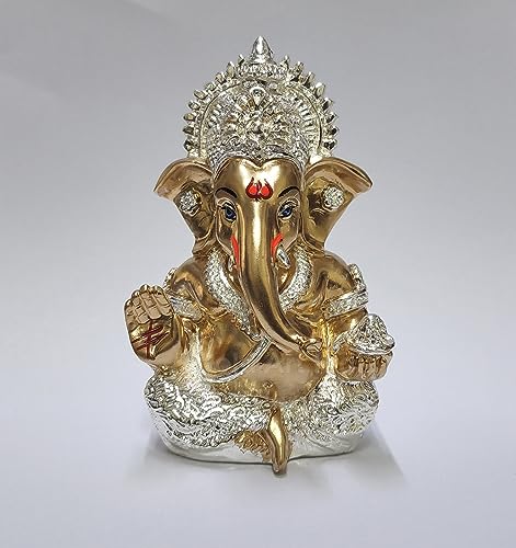 Gold Art India Ganesha Idol Ganesh for Car Dashboard Statue Ganpati Vinayaka Vinayagar Figurine Diwali Gifts Home Decor Luck, Success for Small Murti Puja Lord Gift Office Desk Room 3.5 Inches - color: Muk-sil-ant-gold