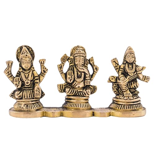 Brass Lakshmi Ganesh and Saraswati for Diwali Pooja Sculpture Indian Décor Antique Lakshmi Ganpati Saraswati Statue for Home Entrance Temple Decoration and Gifting(Lakshmi Ganesh and Saraswati Stand) - color: Lakshmi Ganesh and Saraswati Stand