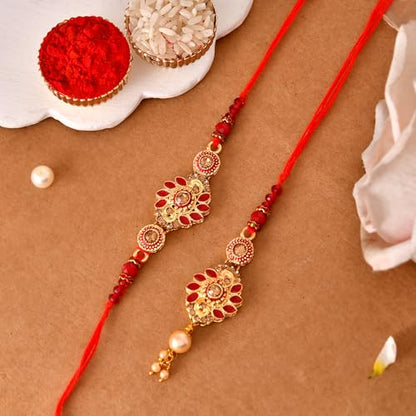 Premium Designer Bhaiya Bhabhi Rakhi Set with Lumba, Greeting Card, Roli Chawal & Fridge Magnet - color: Design-1