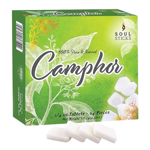 SOUL STICKS Natural Camphor Blocks,Pure Camphor Tablets for Aromatherapy & Puja - Alcanfor en Bloques, Alcanfor en Bolitas, Kapoor for Pooja (450 Grams (64 Tablets)) - size: 450 Grams ( 64 Tablets)