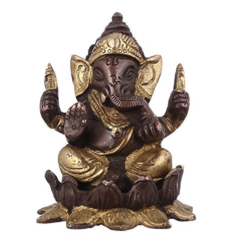 Purpledip Lakshmi Ganesha On Lotus Flower: Brass Statue Set in Unique Copper-Gold Finish; Rare Collection Idols for Home Temple (10947)
