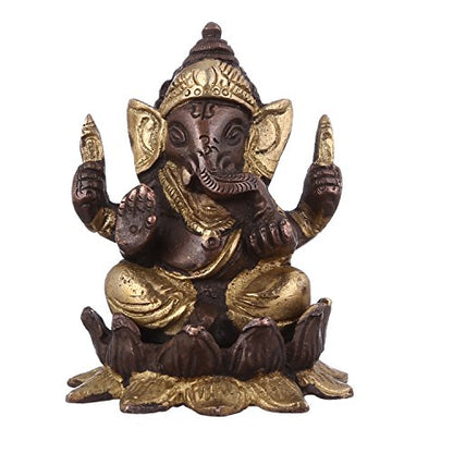 Purpledip Lakshmi Ganesha On Lotus Flower: Brass Statue Set in Unique Copper-Gold Finish; Rare Collection Idols for Home Temple (10947)
