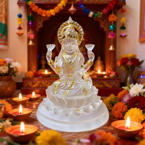 Lakshmi Statue, 4.3 Inch White and Gold Resin Laxmi Idol on Lotus