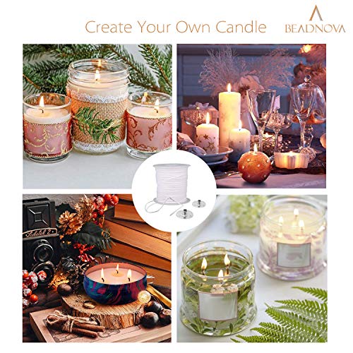 BEADNOVA Braided Candle Wick Spool with Base Set 200 ft Cotton Candle String Roll and 300pcs Wick Clips Sustainer Tabs for Making DIY