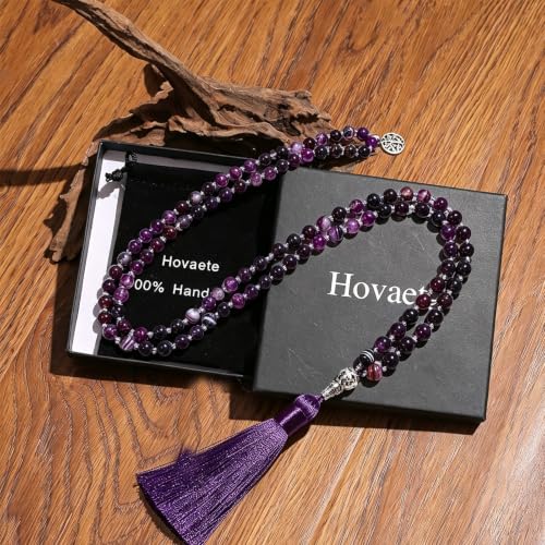 108 Mala Prayer Beads Necklace Natural Stones Meditation Yoga Jewery 108 Hand Knotted Japa Mala Beaded Long Tassel Necklace with Tree of Life Pendant for Men and Women - color: purple(Purple striped agate)