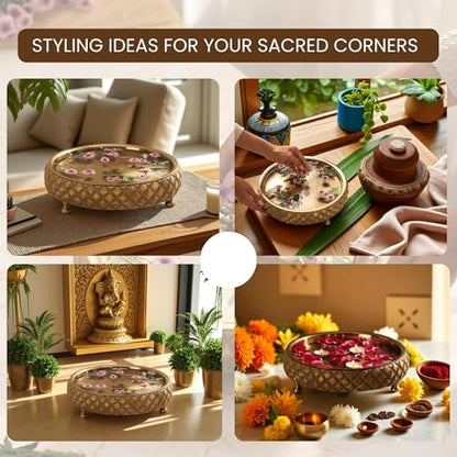 Ritualistic Chitra Handcarved Wooden Urli Bowl 11.5" Diameter | Mango Wood with Geometric Barfi Carving & Detachable Legs | Floating Candles, Flowers & Festive Décor | Diwali Housewarming Premium Gift - style: Chitra Wooden Urli