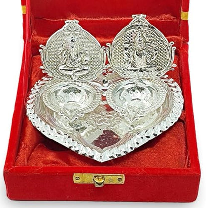 NOBILITY German Silver Diya with Red Velvet Gift Box Ganesh Lakshmi Design Idol Dia Pooja Items Diwali Decoration Puja Gifts Handmade Oil Lamp Traditional Indian Deepawali Gift Items - size: 1 Set