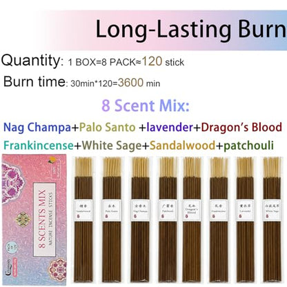 CEREMONY 8 Scents Incense Sticks, 8 in 1 Mix Incense,120 Stick Incense for Mediation,100% Natural-Handmade for Yoga, Organic-Chemicals-Charcoal-Free Purification-Relaxation