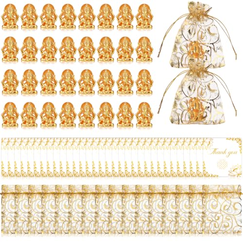32 Sets Return Gifts for Pooja Resin Small Ganesha Statues Thank You Card - color: Golden32