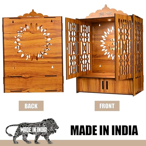 Wooden Pooja Mandir with Golden Om, Laser Cut Design, Light Weight, 21.2 inches high x 16.5 inches Wide x 10.2 inches deep