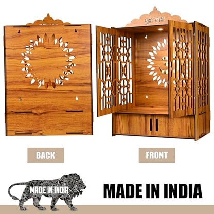 Wooden Pooja Mandir with Golden Om, Laser Cut Design, Light Weight, 21.2 inches high x 16.5 inches Wide x 10.2 inches deep