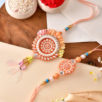 Premium Designer Bhaiya Bhabhi Rakhi Set with Lumba, Greeting Card, Roli Chawal & Fridge Magnet - color: Design-3