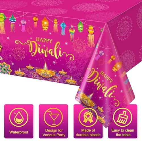 1 Pack Happy Diwali Disposable Tablecloth, Festival of Lights Plastic Table Cover for Rectangle Tables, Diwali Table Cloth for Indian Diwali Light Celebration Party Supplies Decorations, 54×108 Inch - size: 108" x 54" (Rectangular)
