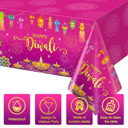 1 Pack Happy Diwali Disposable Tablecloth, Festival of Lights Plastic Table Cover for Rectangle Tables, Diwali Table Cloth for Indian Diwali Light Celebration Party Supplies Decorations, 54×108 Inch - size: 108" x 54" (Rectangular)