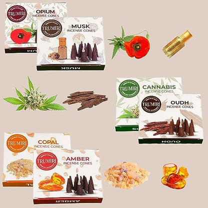 TRUMIRI Exotic Incense Cones - Variety Pack - Total 60 Cone Incense (6 Scents x 10 Conos) - Copal, Oud, Musk, Amber - Cone Incense Scents - Insense Cones - Incent Cone - color: Exotic