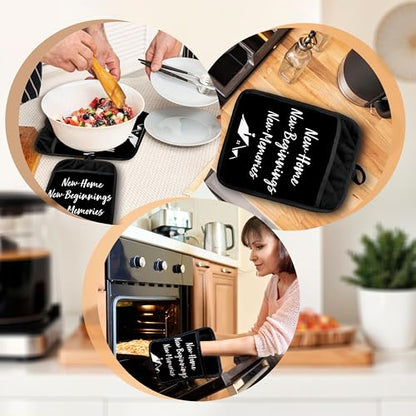 New Home Gifts Pot Holders with Pockets, Housewarming Gifts for Women Men, New Home Beginnings Memories Oven Pot Holders Heat Resistant Oven Mitts Hot Pads for Kitchen Baking Cooking - color: Black Sweet Home-b