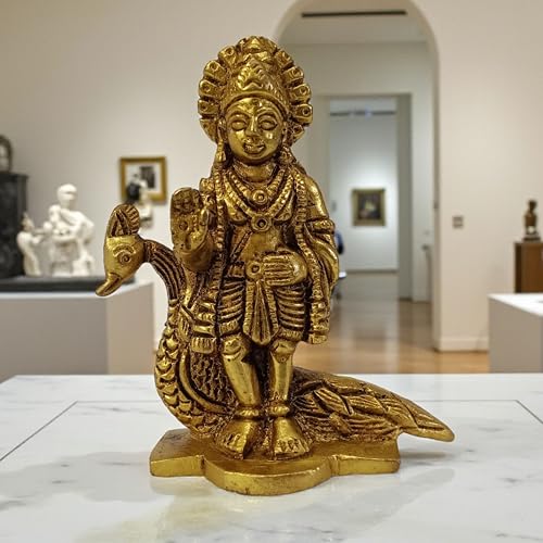 3.5 Inch Brass Lord Kartikeya Idol with Peacock – Standing Hindu God Statue for Home Temple, Pooja, Altar, Shelf, Decorative Figurine, Spiritual Gift for Devotees
