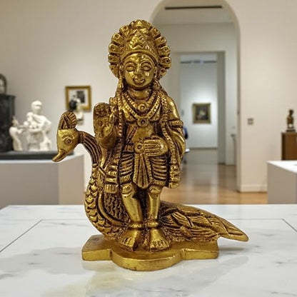 3.5 Inch Brass Lord Kartikeya Idol with Peacock – Standing Hindu God Statue for Home Temple, Pooja, Altar, Shelf, Decorative Figurine, Spiritual Gift for Devotees