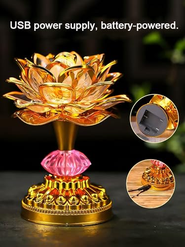 Colorful LED Lotus Buddhist Lamp, Built 13 Buddhist Songs - Gold - color: Golden