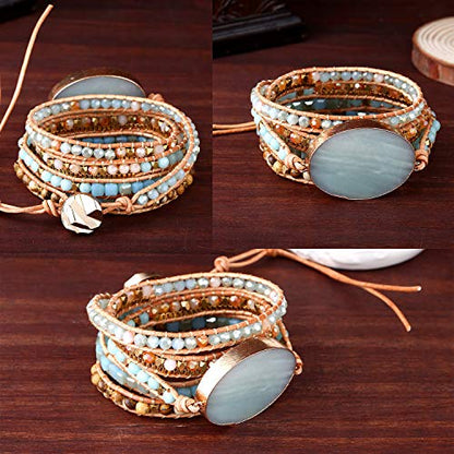 Plumiss Women Boho Handmade Natural Stone Crystal Leather Bead Wrap Bracelets Collection - style: Amazonite