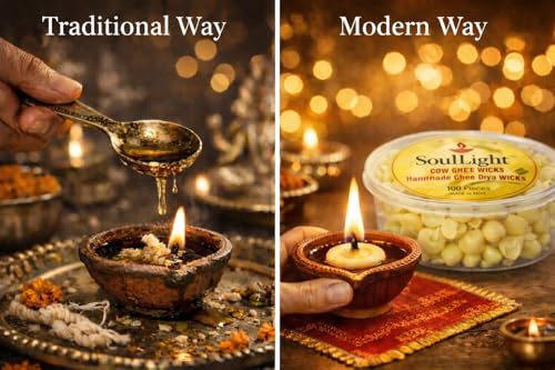 SoulLight Cow Ghee Diya Wicks (100 Pieces) | Handmade Ready-to-Use Pooja Batti | Wax-Free Traditional Diya Wicks | Made in India
