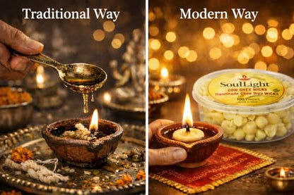 SoulLight Cow Ghee Diya Wicks (100 Pieces) | Handmade Ready-to-Use Pooja Batti | Wax-Free Traditional Diya Wicks | Made in India