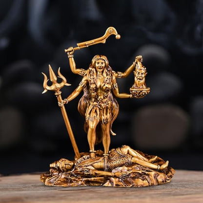 Artarium Kali MATA Statue 4 Inch Antique Gold Finish, Kali Maa Idol, Hindu Goddess Murti for Car Dashboard, Home Temple, Pooja Mandir, Office Desk, Meditation Altar & Spiritual Gift - color: Kali Mata Antique