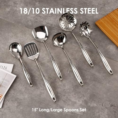 304 Stainless Steel Kitchen Utensil Set - 9 PCS Serving Utensils, Cooking Utensil, Solid Spoon, Slotted Spoon, Fork, Spatula, Ladle, Skimmer Spoon, Slotted Spatula Tunner, Spaghetti Spoon, Large Spoon - color: Sliver