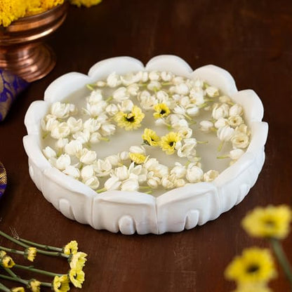 RITUALISTIC Padma Makrana Marble Urli Bowl (23×23×5 cm) | Natural White Marble with Lotus Design | Floating Candles & Flower Décor | Pooja Room Living Room Festive Display | Diwali Housewarming Gift - style: Padma Marble Urli