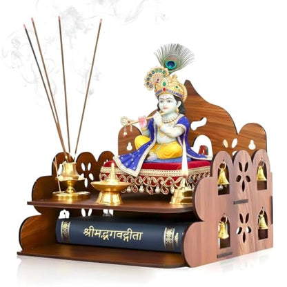 Small Pooja Mandir for Home Wall Mount & Tabletop | Wooden Temple with Bells | Mini Mandir for Office, Home, Daily Worship & Decor